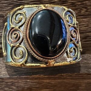 Artisan-Made Adjustable Black Onyx and Mixed Metals Cuff Bracelet - 2 Inches Wi